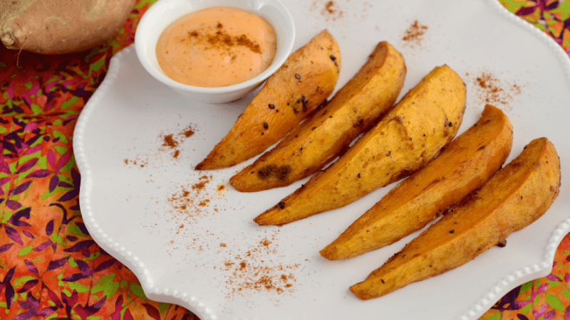 roasted sweet potatoes served in a white plate