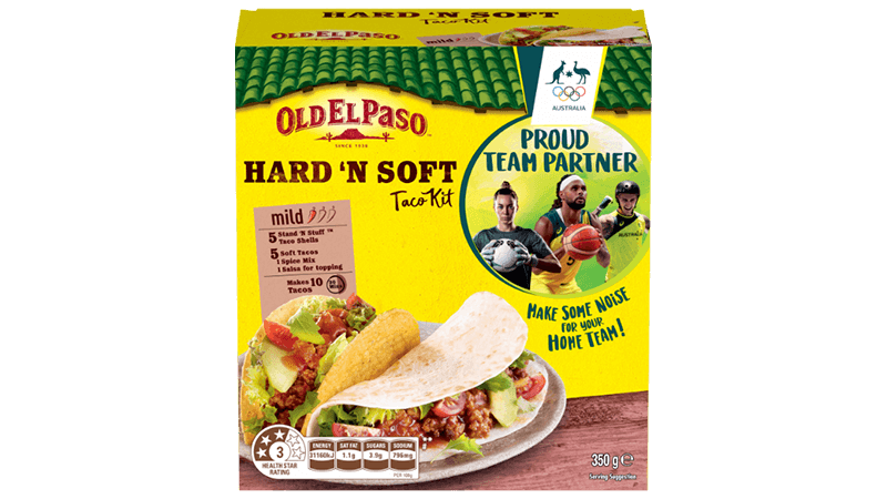 a box of old el paso hard 'n' soft taco kit promoting brand partnership with australian olympic team
