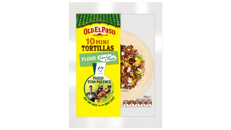 a package of old el paso mini tortillas promoting brand partnership with australian olympic team