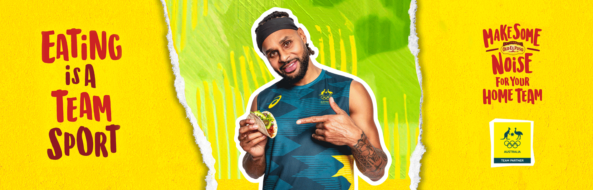 australian olympian athelets holding fajita in their hand with green texture in background