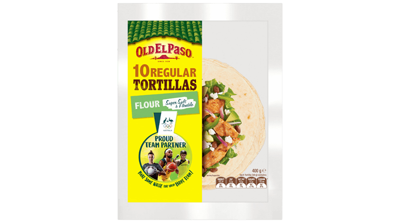 a package of old el paso regular tortillas promoting brand partnership with australian olympic team