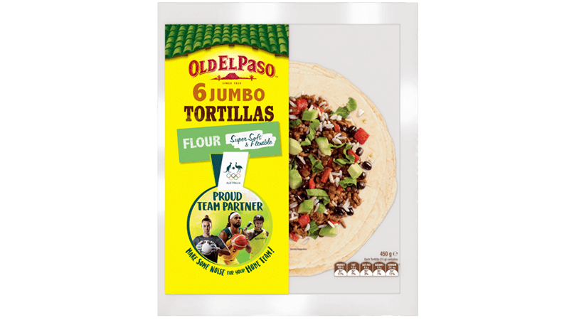 a package of old el paso jumbo tortillas promoting brand partnership with australian olympic team