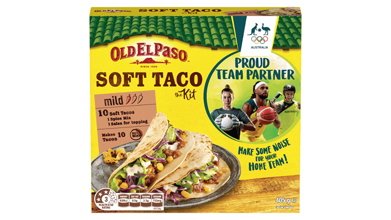 a box of old el paso soft taco kit promoting brand partnership with team australia for olympic