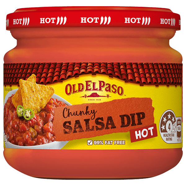 a glass jar of Old El Paso's hot chunky tomato salsa (312g)