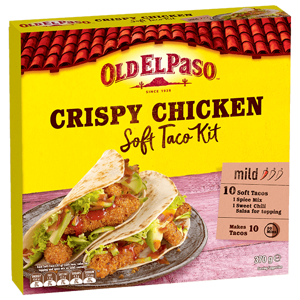 a pack of Old El Paso's crispy chicken mild soft taco kit containing soft tacos, spice mix & sweet chili salsa for topping (370g)