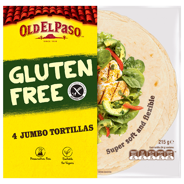 a pack of Old El Paso's 4 gluten free jumbo tortillas (215g)