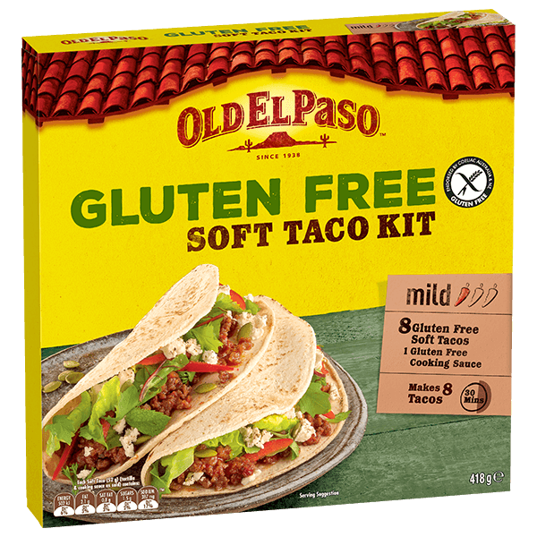 a pack of Old El Paso's gluten free mild soft taco kit containing soft tacos & cooking sauce (418g)