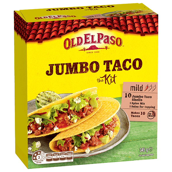 a pack of Old El Paso's mild jumbo taco kit containing taco shells, spice mix & salsa for topping (345g)