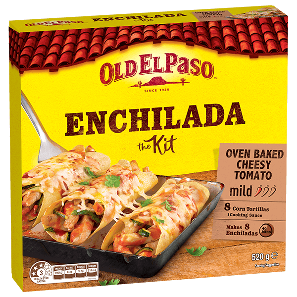 a pack of Old El Paso's oven baked cheesy tomato mild enchilada kit containing corn tortillas & cooking sauce (520g)