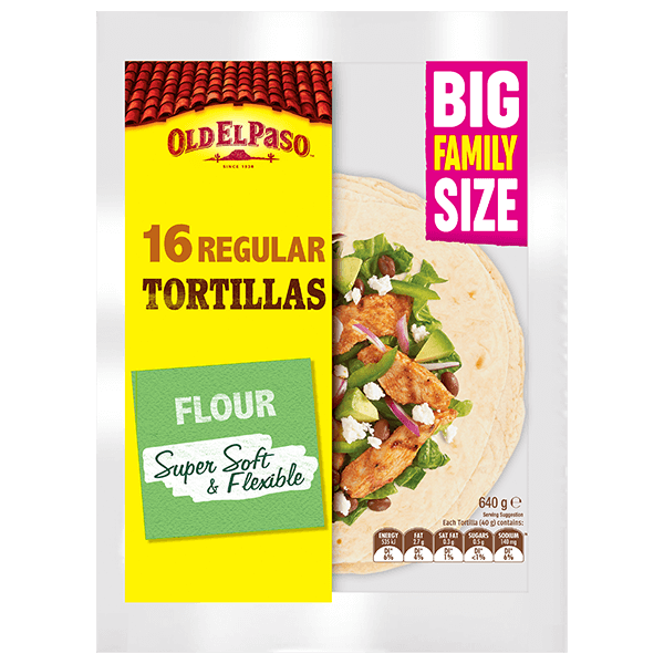 a family size pack of Old El Paso's 16 regular flour tortillas (640g)