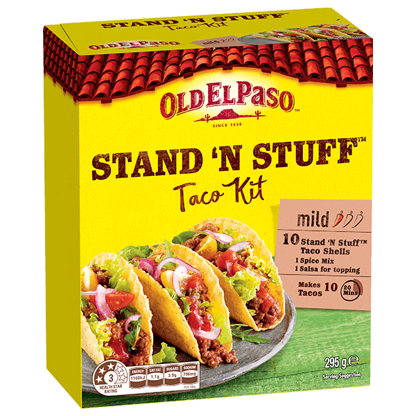 a pack of Old El Paso's stand n stuff taco kit mild containing mini taco shells, spice mix & salsa for topping (295g)