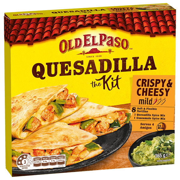 a pack of Old El Paso's crispy & cheesy quesadilla kit mid containing tortillas, quesadilla spice mix & guacamole spice mix