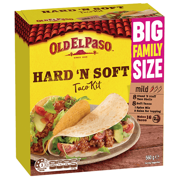 a family pack of Old El Paso's hard n soft taco kit mild containing taco shells, soft tacos, spice mix & salsa for topping (560g)