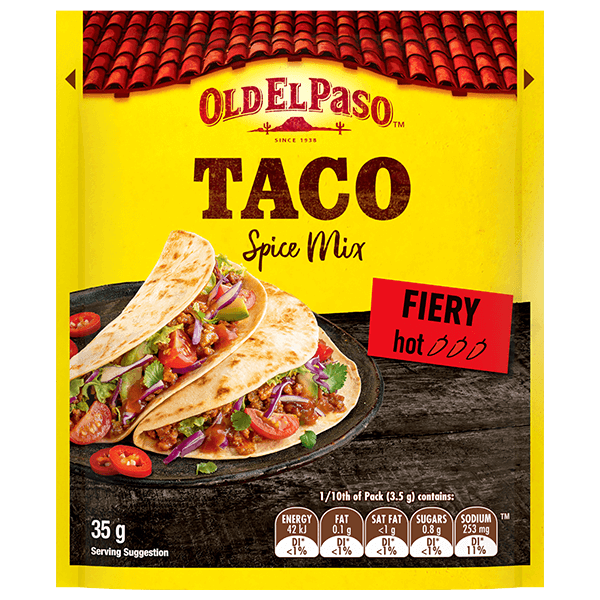 a pack of Old El Paso's hot fiery taco spice mix (35g)