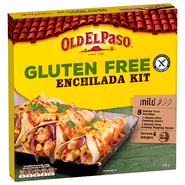 a pack of Old El Paso's gluten free mild enchilada kit containing tortillas, cooking sauce & creamy topping sauce (518g)