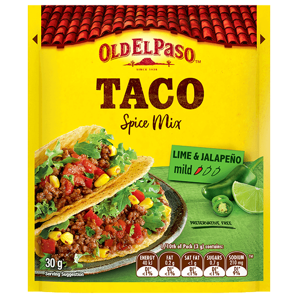 a pack of Old El Paso's lime jalapenos taco spice mix mild (30g)