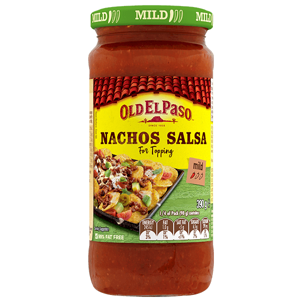 a glass jar of Old El Paso's mild nachos salsa for topping (390g)