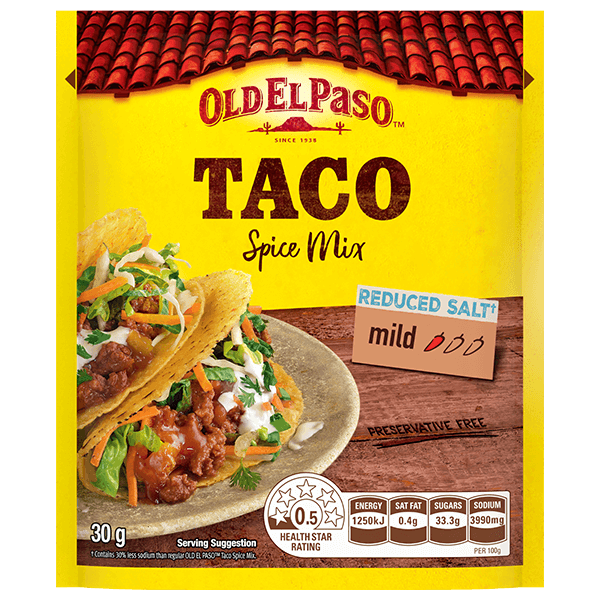 a pack of Old El Paso's reduced salt taco spice mix mild (30g)
