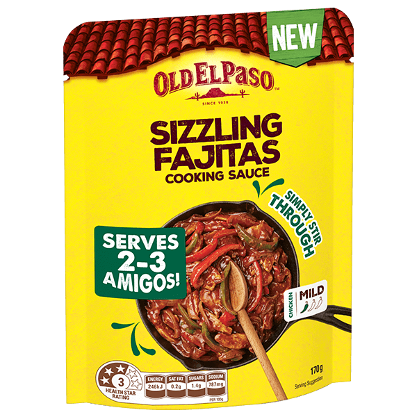 a pack of Old El Paso's sizzling fajitas chicken cooking sauce mild (170g)