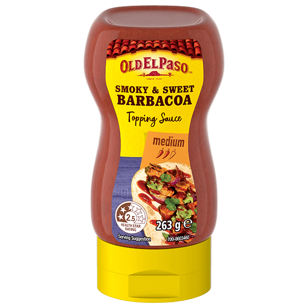 squeezy bottle of Old El Paso smoky & sweet barbacoa medium topping sauce, 263g