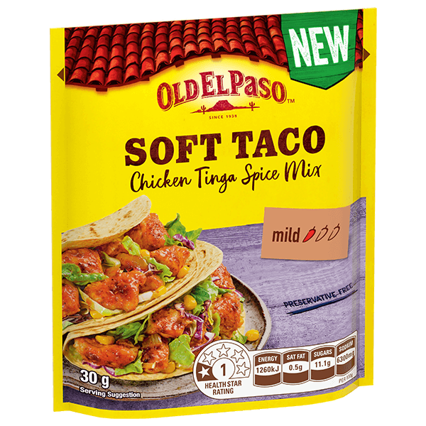 a pack of Old El Paso's soft taco chicken tinga spice mix mild (30g)