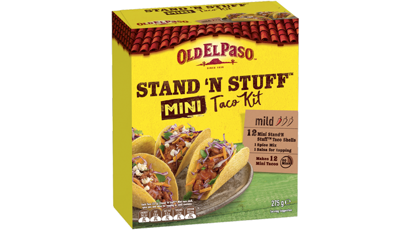 a pack of Old El Paso's stand n stuff mini taco kit mild containing mini taco shells, spice mix & salsa for topping (275g)