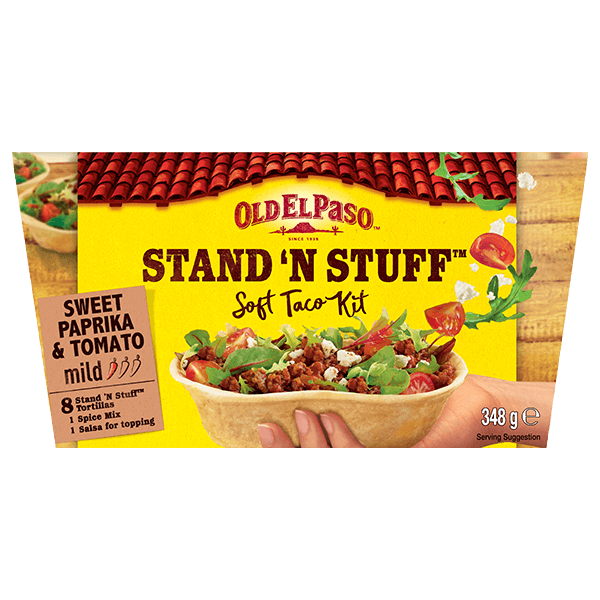 a pack of Old El Paso stand n stuff sweet paprika & tomato soft taco kit mild containing stand n stuff tortillas, spice mix & salsa for topping (348g)