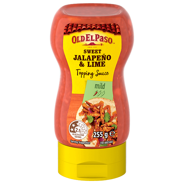 a squeezy bottle of Old El Paso sweet jalapeno & lime mild topping sauce, 255g